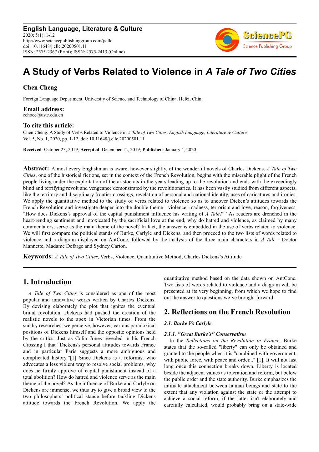 A Study of Verbs Related to Violence in a Tale of Two Cities