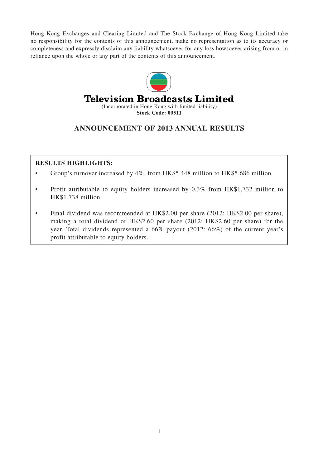 Announcement of 2013 Annual Results
