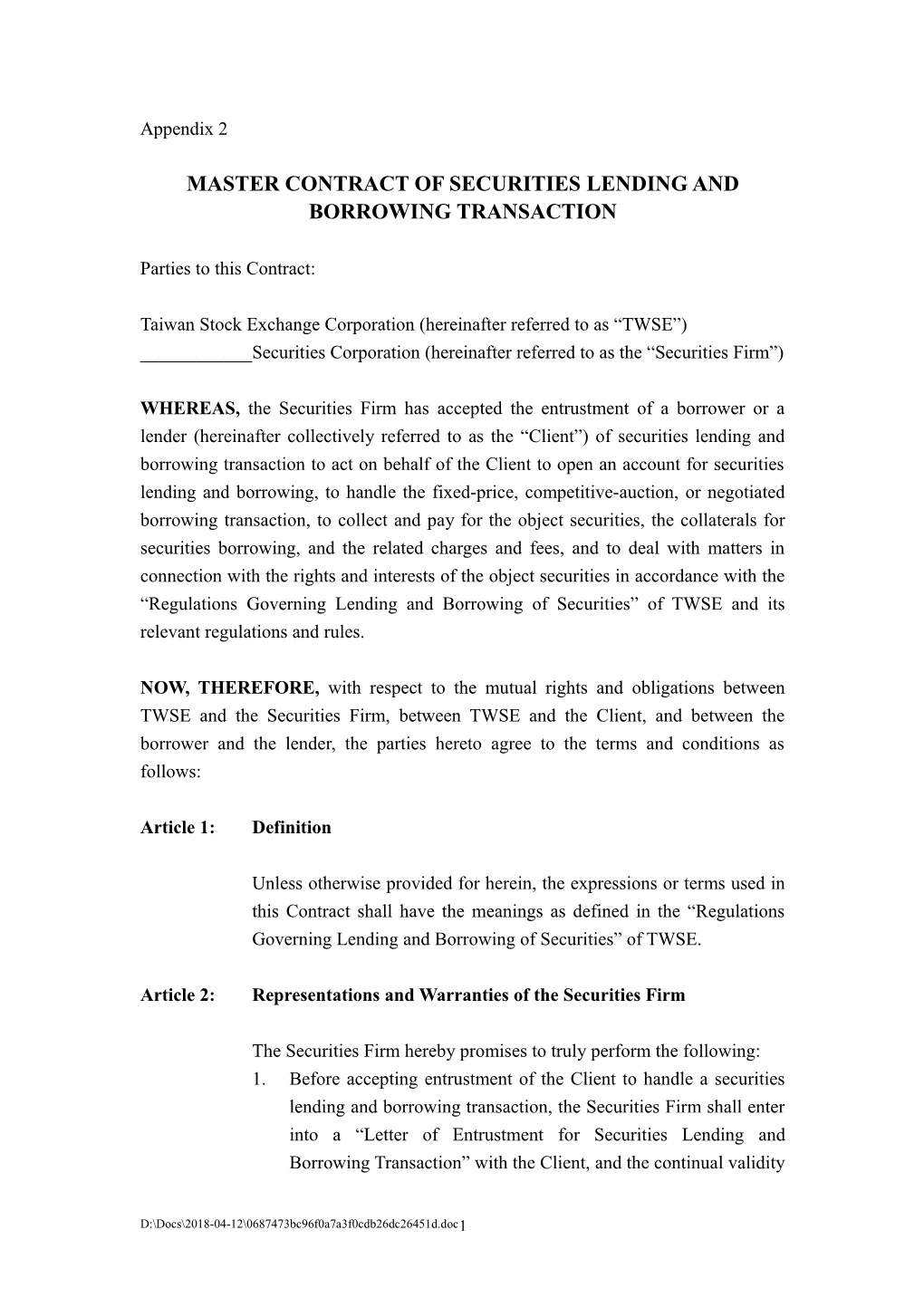 Master Contract of Securities Lending and Borrowing Transaction