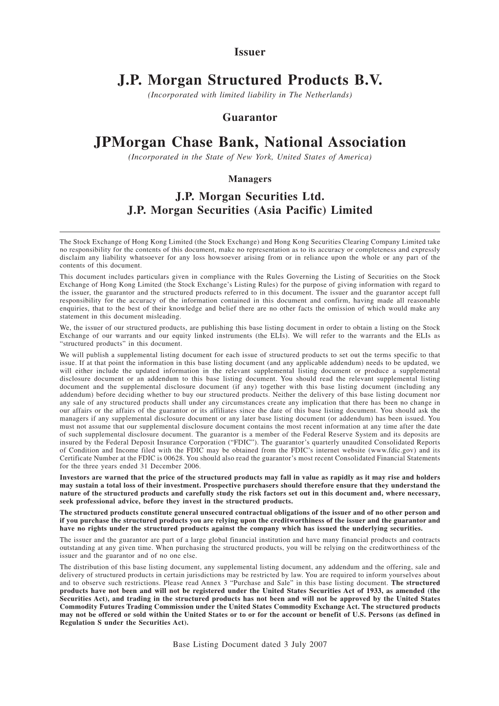 J.P. Morgan Structured Products B.V. Jpmorgan Chase Bank, National