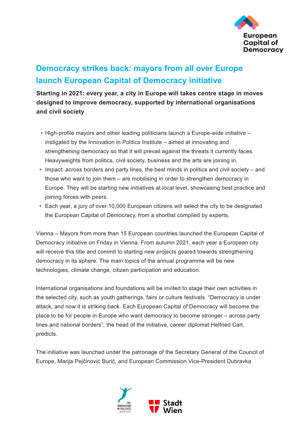 Mayors from All Over Europe Launch European Capital of Democracy Initiative