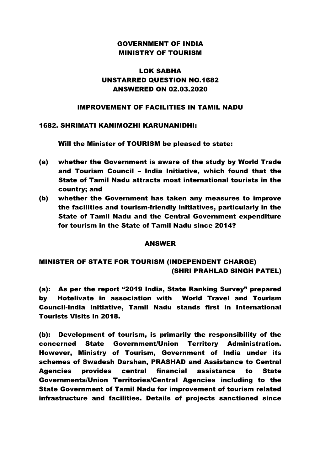 Government of India Ministry of Tourism Lok Sabha