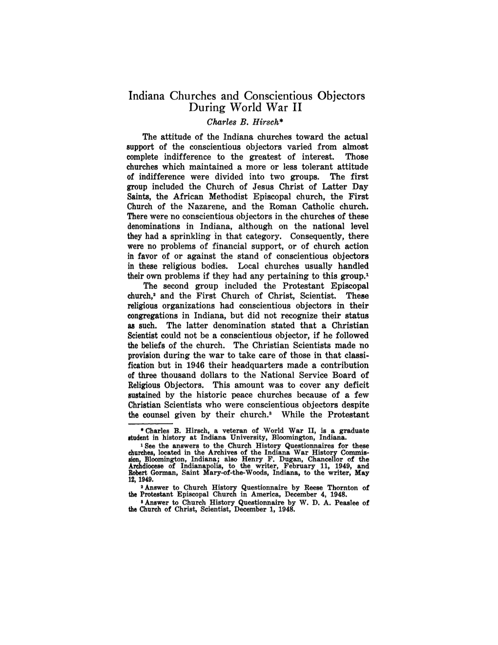 Indiana Churches and Conscientious Objectors During World War I1 Charles B