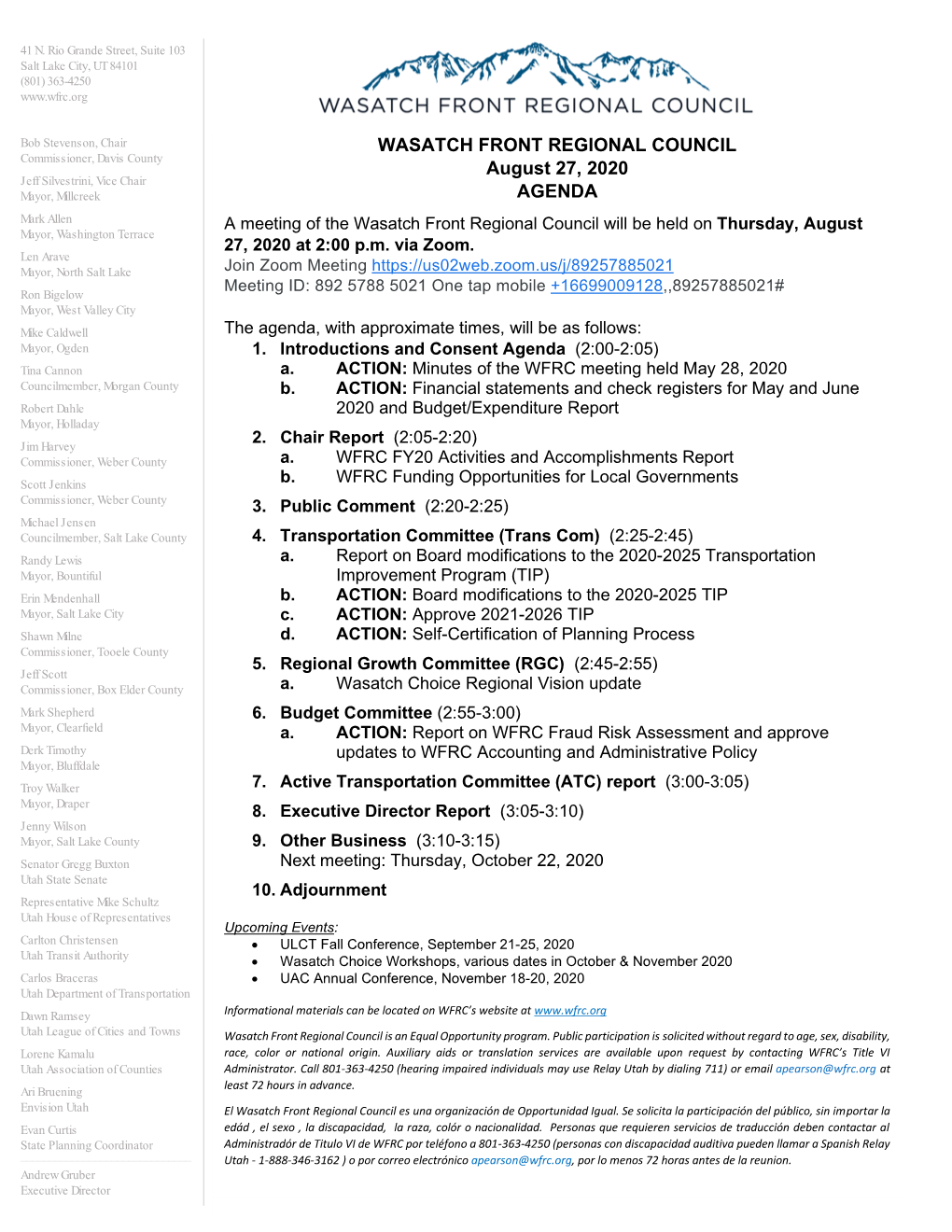 WASATCH FRONT REGIONAL COUNCIL August 27, 2020 AGENDA