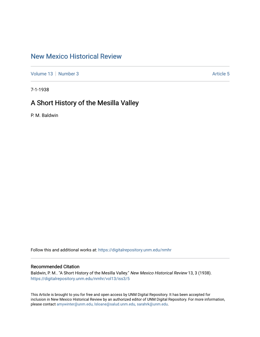 A Short History of the Mesilla Valley