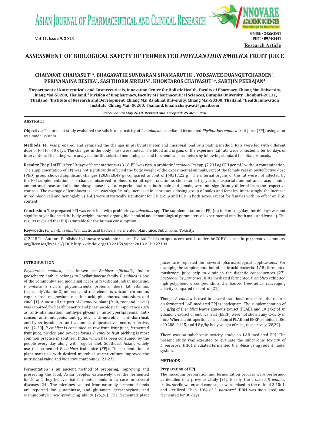 Assessment of Biological Safety of Fermented Phyllanthus Emblica Fruit Juice