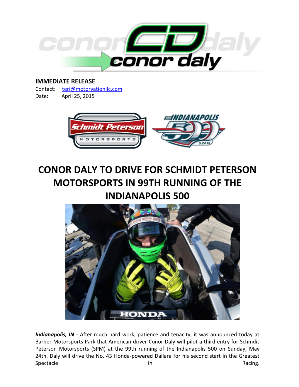 Conor Daly to Drive for Schmidt Peterson Motorsports in 99Th Running of the Indianapolis 500