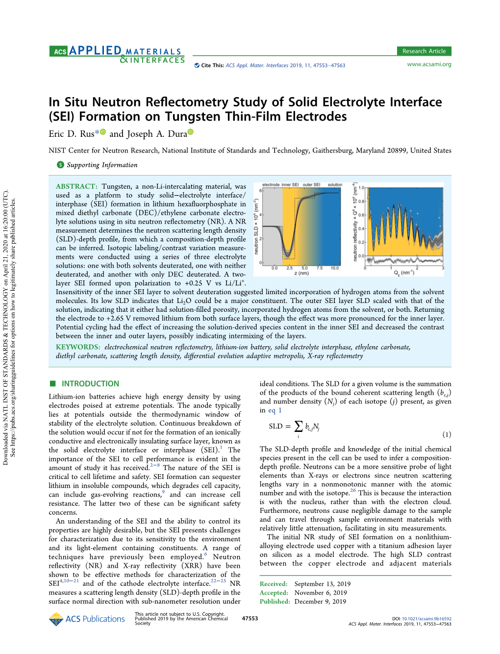 In Situ Neutron Reflectometry Study of Solid Electrolyte Interface (SEI) Formation on Tungsten Thin-Film Electrodes