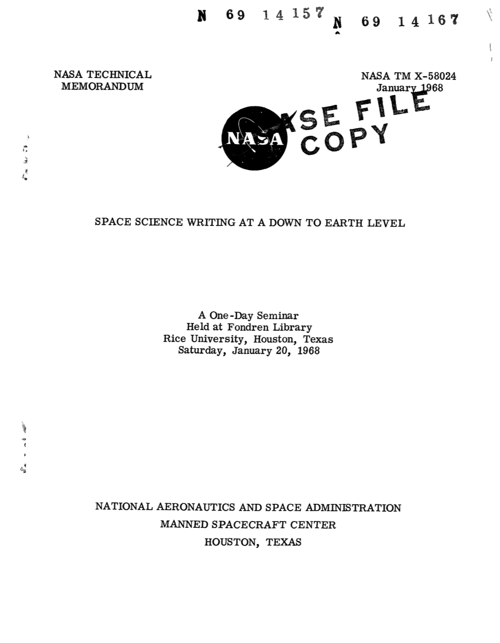 Nasa Technical Memorandum Nasa Tm X-58024 Space