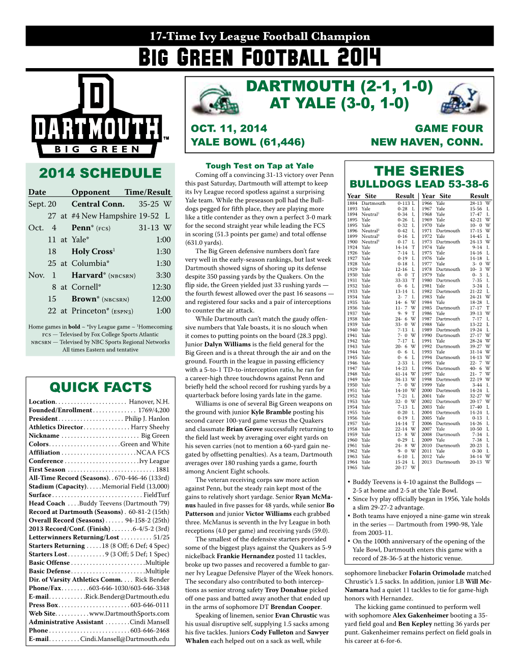 Big Green Football 2014 Dartmouth (2-1, 1-0) at Yale (3-0, 1-0)