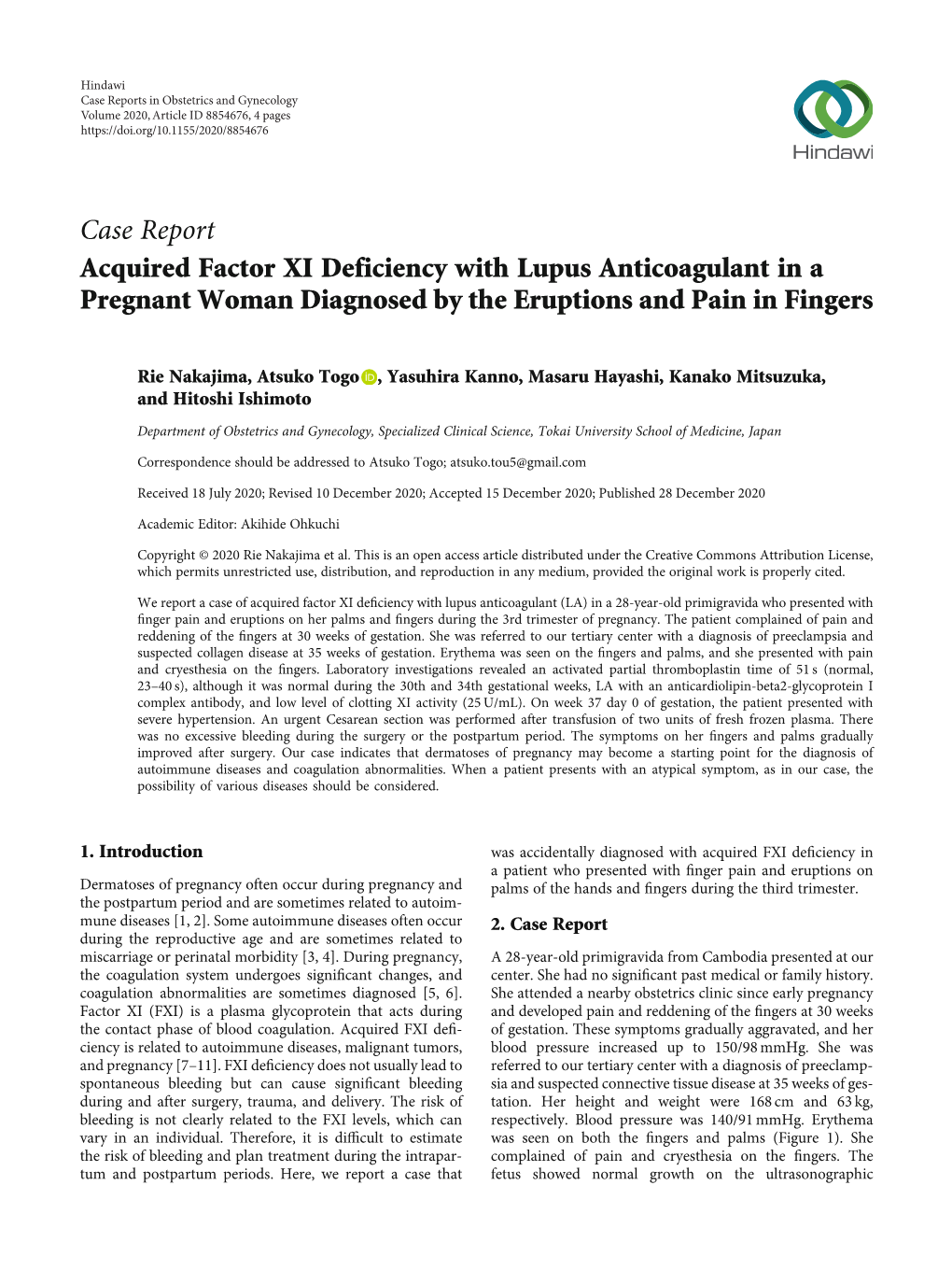 Acquired Factor XI Deficiency with Lupus Anticoagulant in a Pregnant Woman Diagnosed by the Eruptions and Pain in Fingers