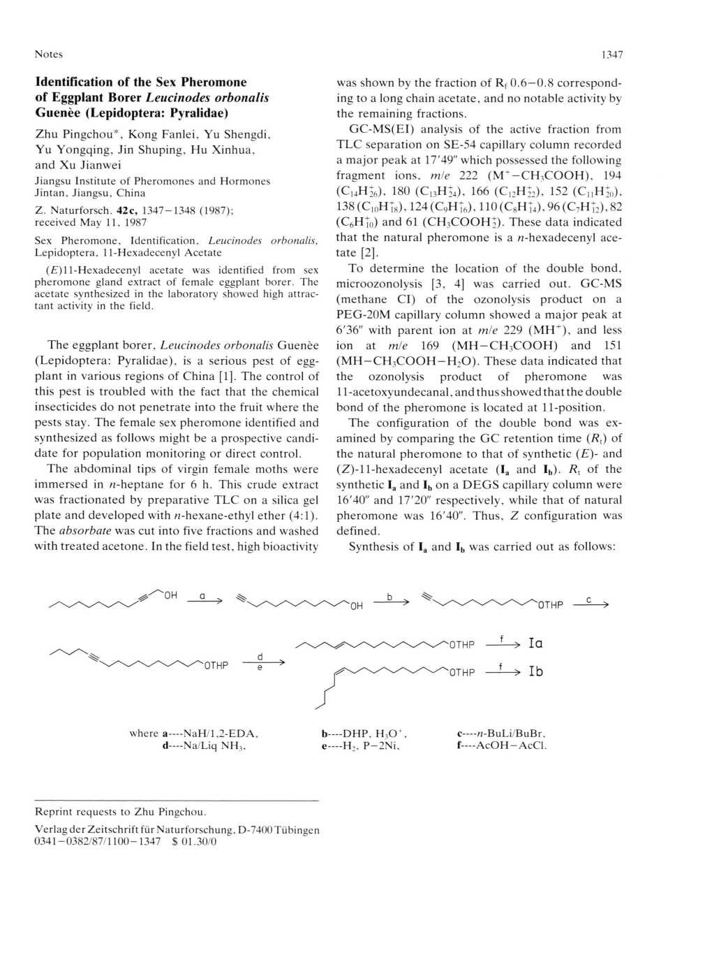 Identification of the Sex Pheromone of Eggplant Borer Leucinodes