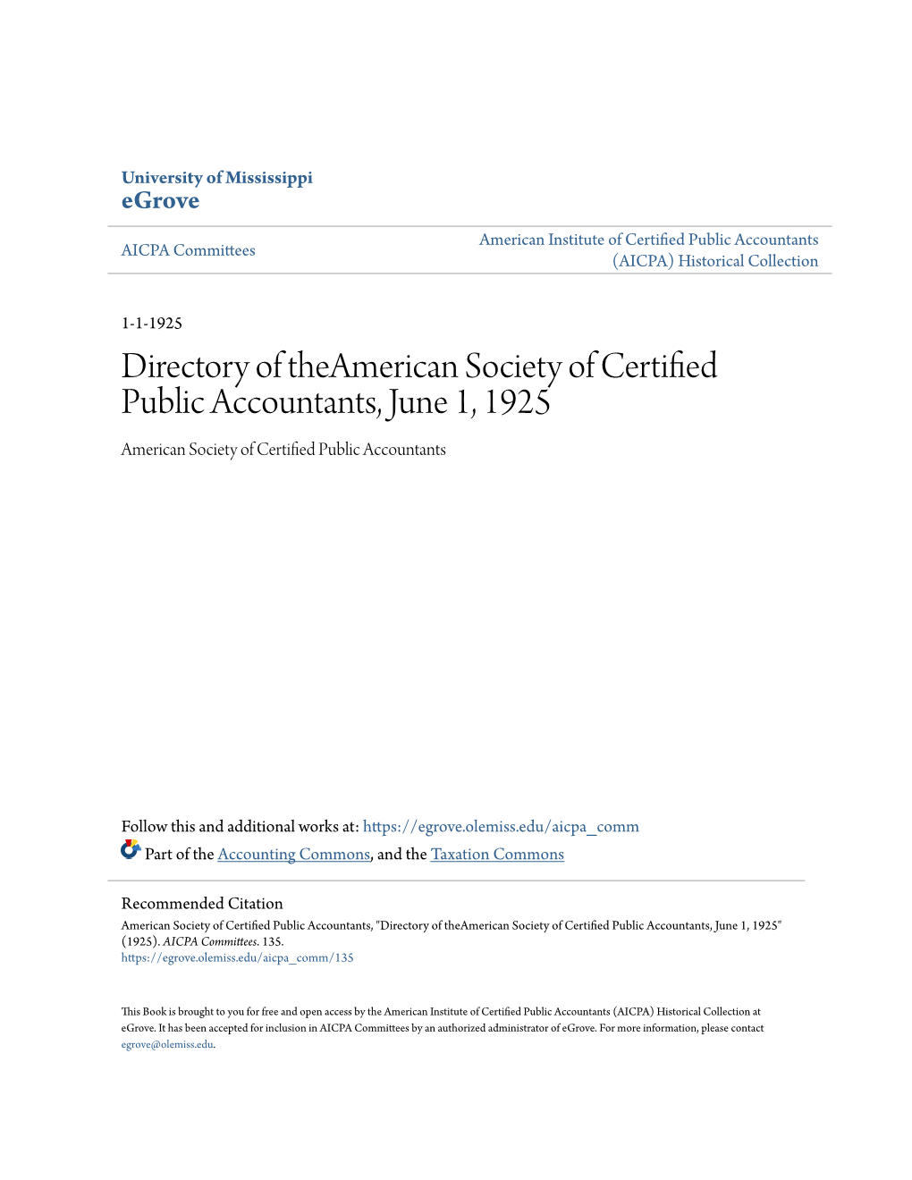 Directory of Theamerican Society of Certified Public Accountants, June 1, 1925 American Society of Certified Public Accountants