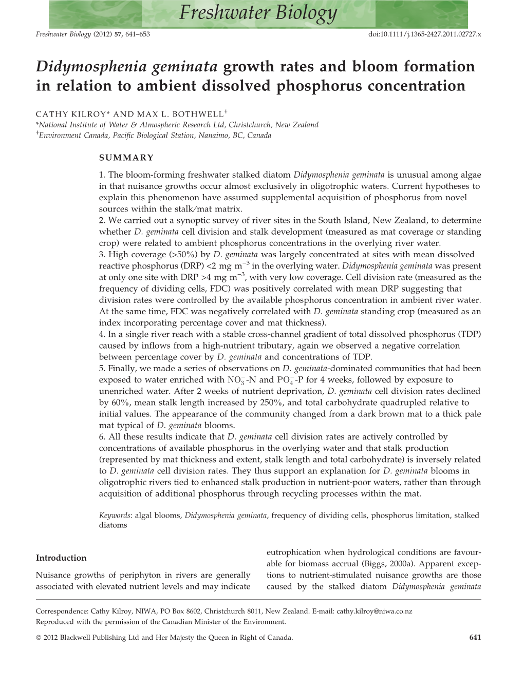 Didymosphenia Geminata Growth Rates and Bloom Formation in Relation to Ambient Dissolved Phosphorus Concentration