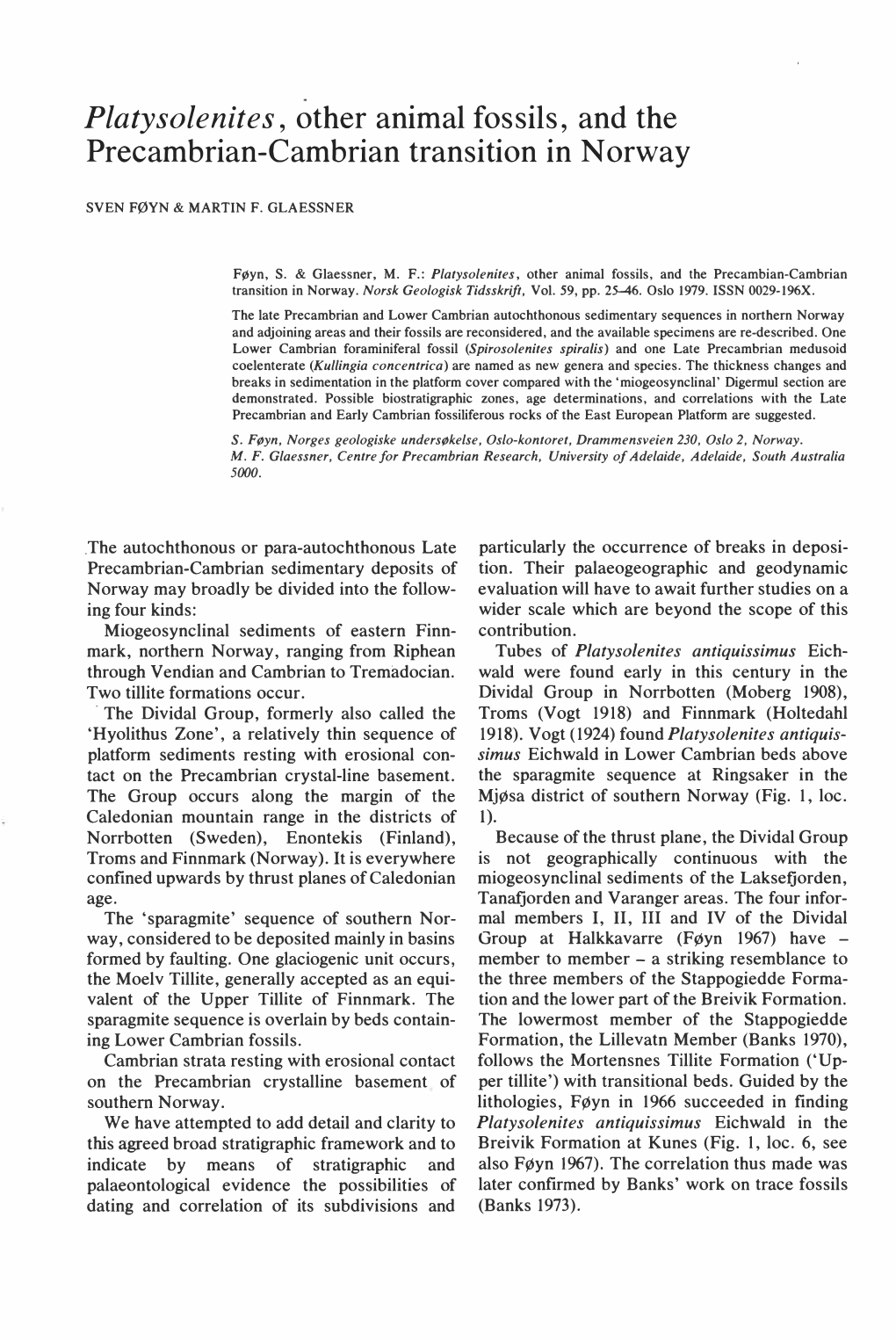 Platysolenites, Other Animal Fossils, and the Precambrian-Cambrian Transition in Norway