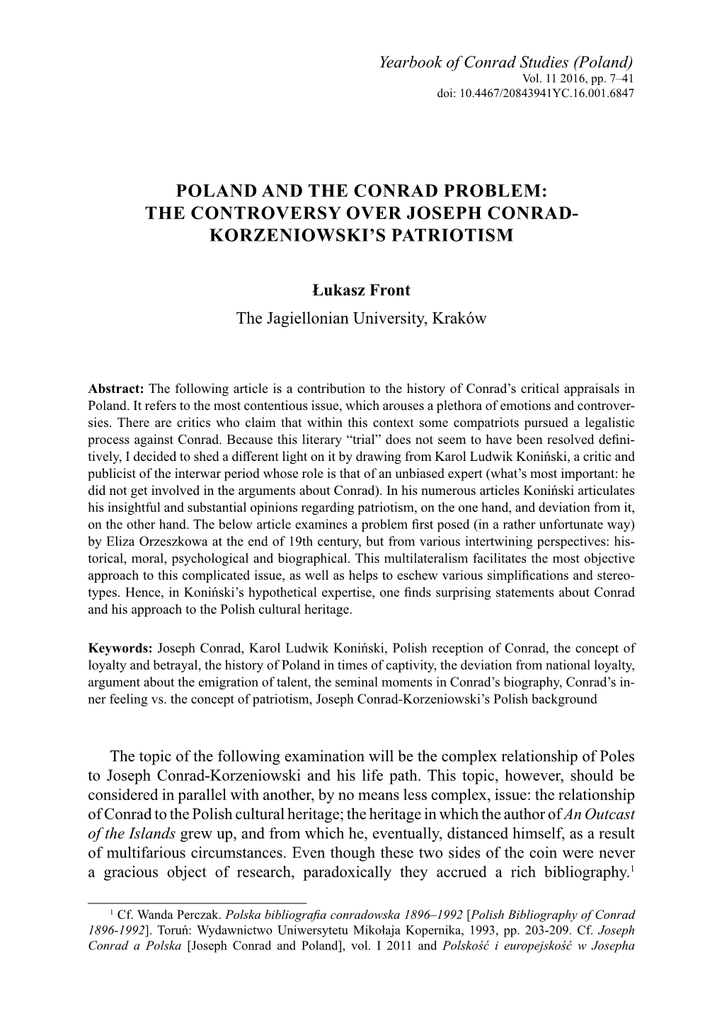 Poland and the Conrad Problem: the Controversy Over Joseph Conrad- Korzeniowski’S Patriotism