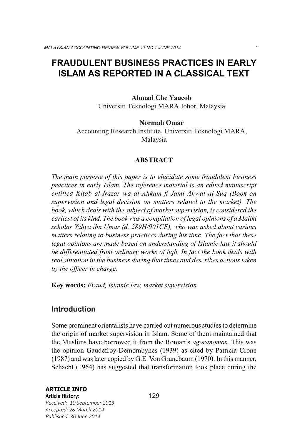 Fraudulent Business Practices in Early Islam As Reported in a Classical Text