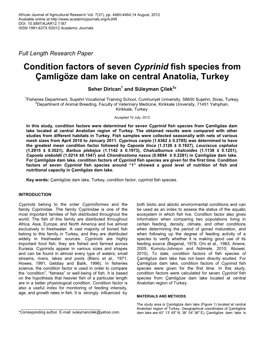 Condition Factors of Seven Cyprinid Fish Species from Çamligöze Dam Lake on Central Anatolia, Turkey