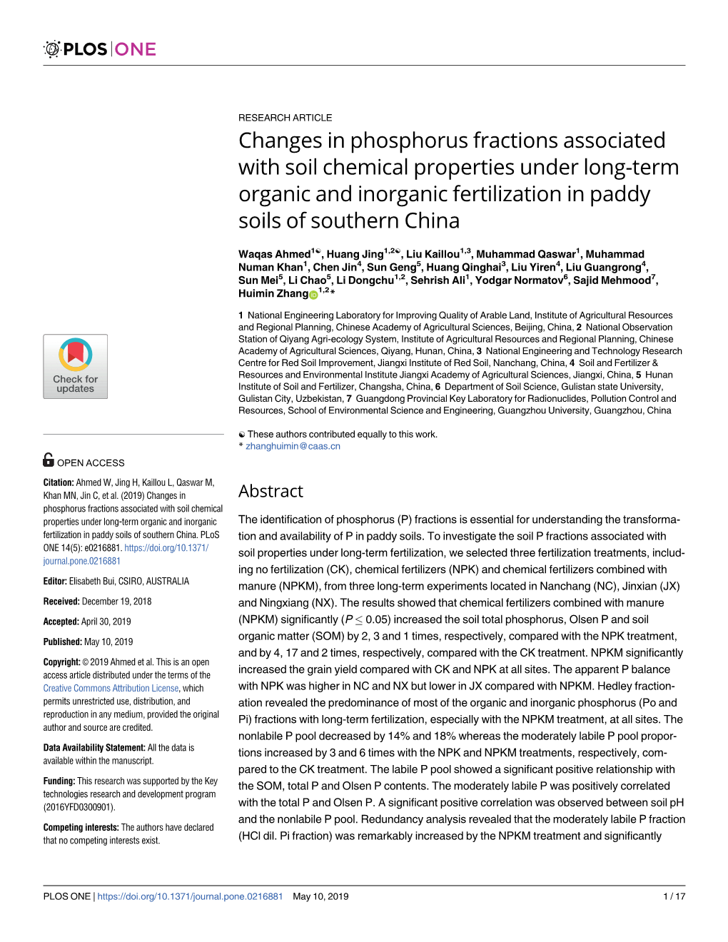 Changes in Phosphorus Fractions Associated with Soil Chemical Properties Under Long-Term Organic and Inorganic Fertilization in Paddy Soils of Southern China