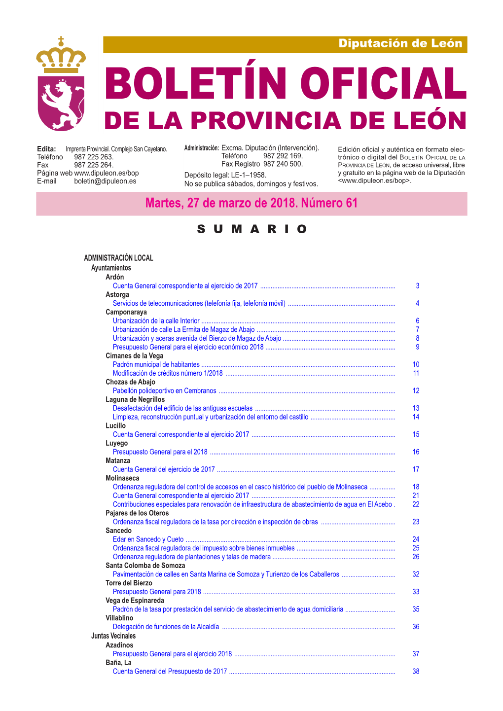 BOLETÍN OFICIAL DE LA PROVINCIA DE LEÓN Edita: Imprenta Provincial