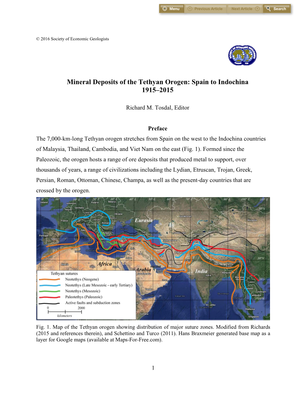 Mineral Deposits of the Tethyan Orogen: Spain to Indochina 1915–2015