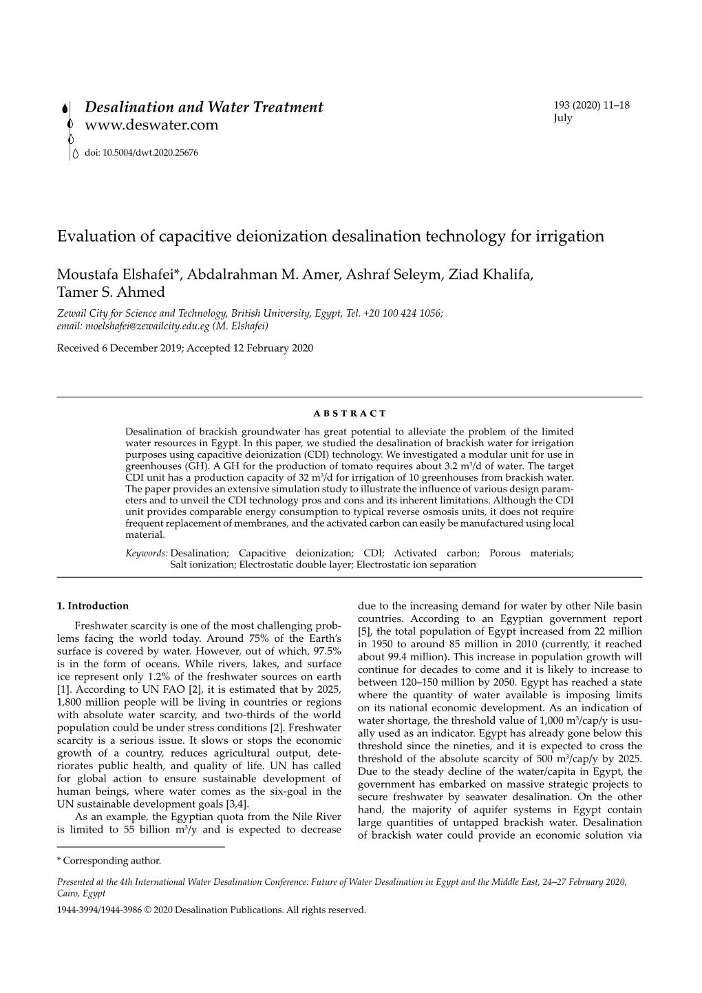 Evaluation of Capacitive Deionization Desalination Technology for Irrigation