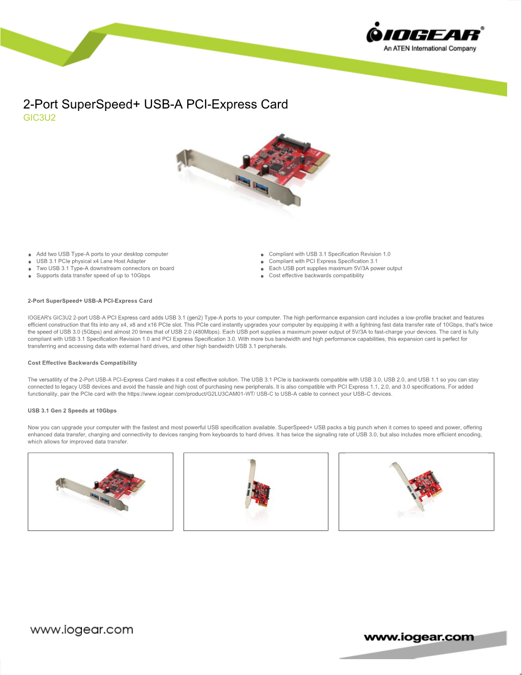 2-Port Superspeed+ USB-A PCI-Express Card GIC3U2