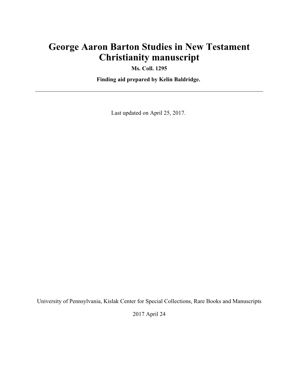 George Aaron Barton Studies in New Testament Christianity Manuscript Ms