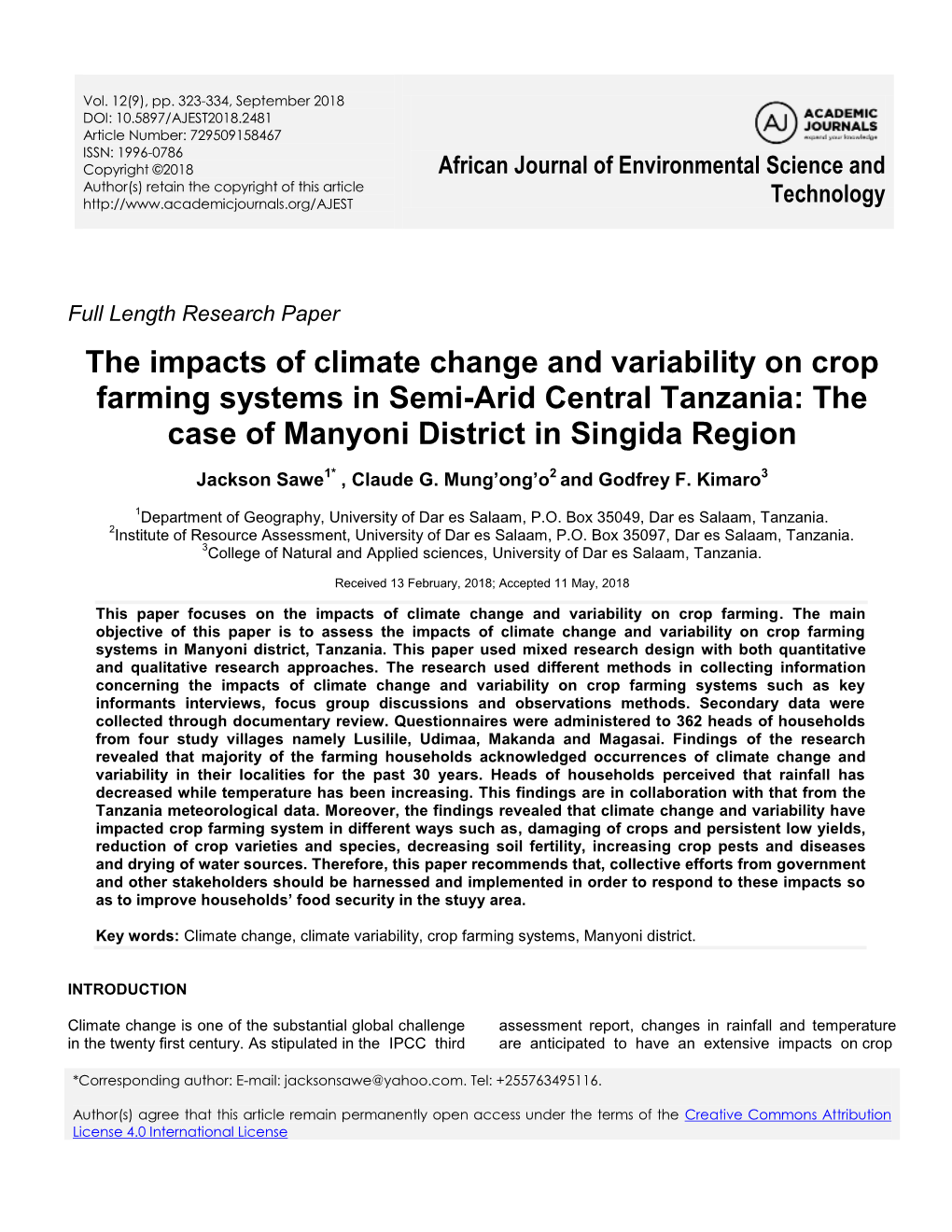 The Impacts of Climate Change and Variability on Crop Farming Systems in Semi-Arid Central Tanzania: the Case of Manyoni District in Singida Region
