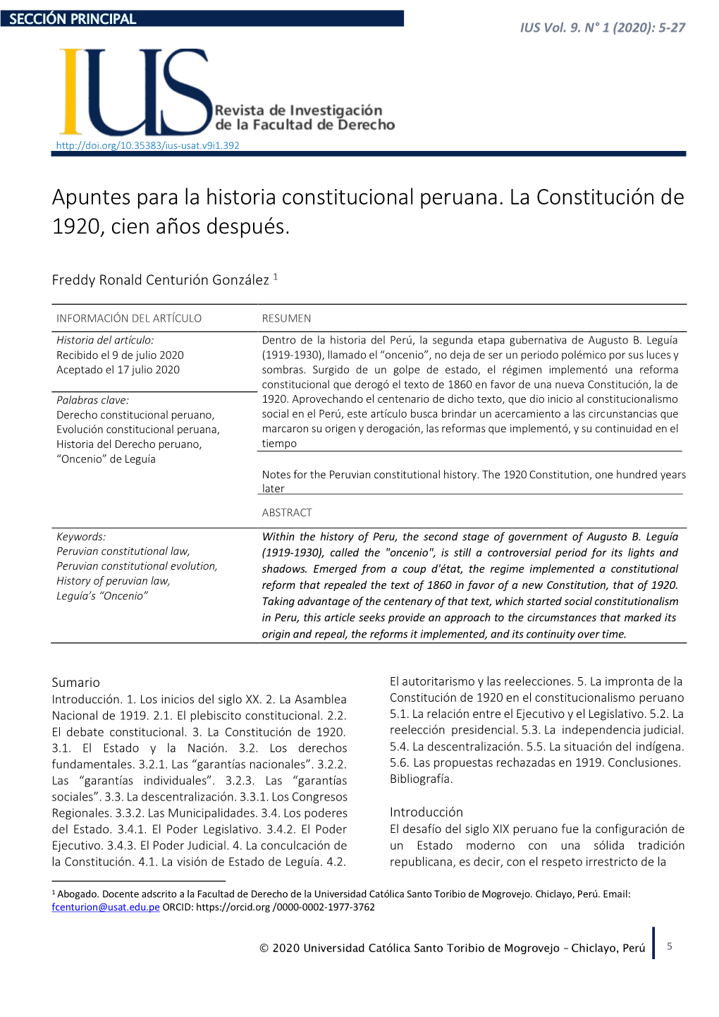 Apuntes Para La Historia Constitucional Peruana. La Constitución De 1920, Cien Años Después