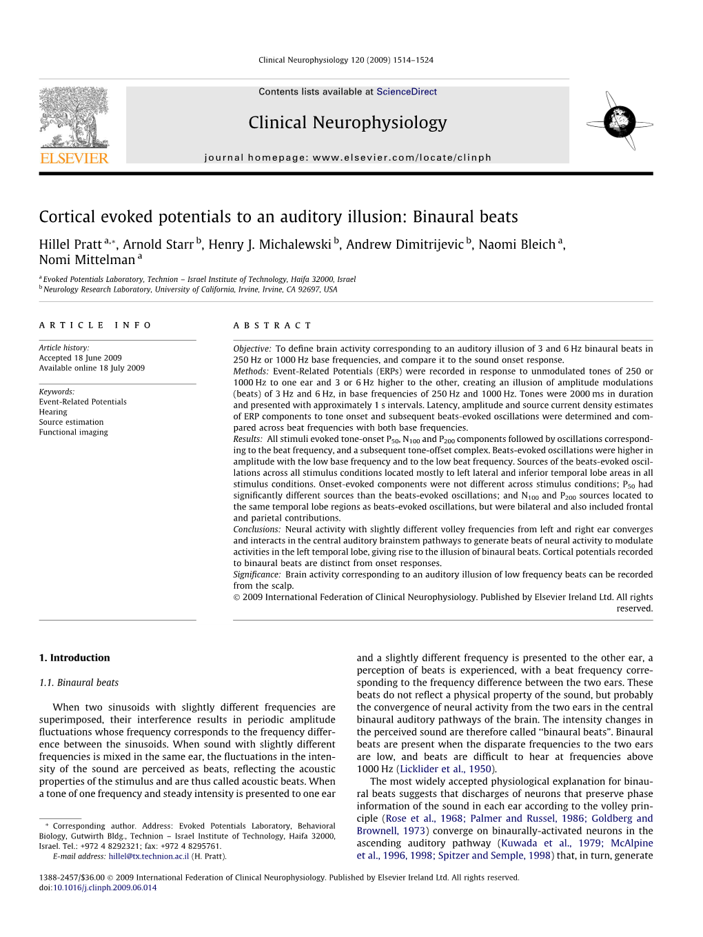 Cortical Evoked Potentials to an Auditory Illusion: Binaural Beats