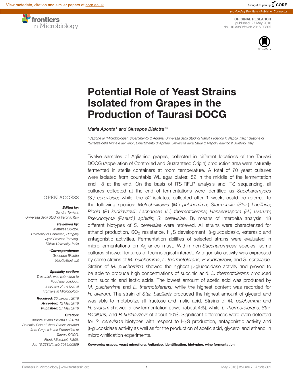 Potential Role of Yeast Strains Isolated from Grapes in the Production of Taurasi DOCG