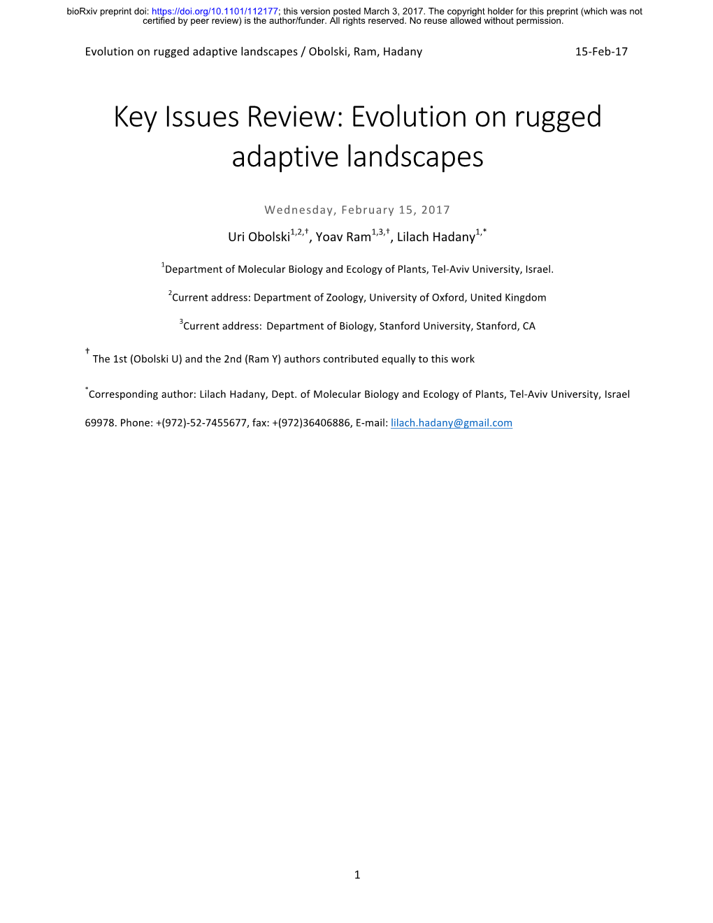 Evolution on Rugged Adaptive Landscapes / Obolski, Ram, Hadany 15-Feb-17