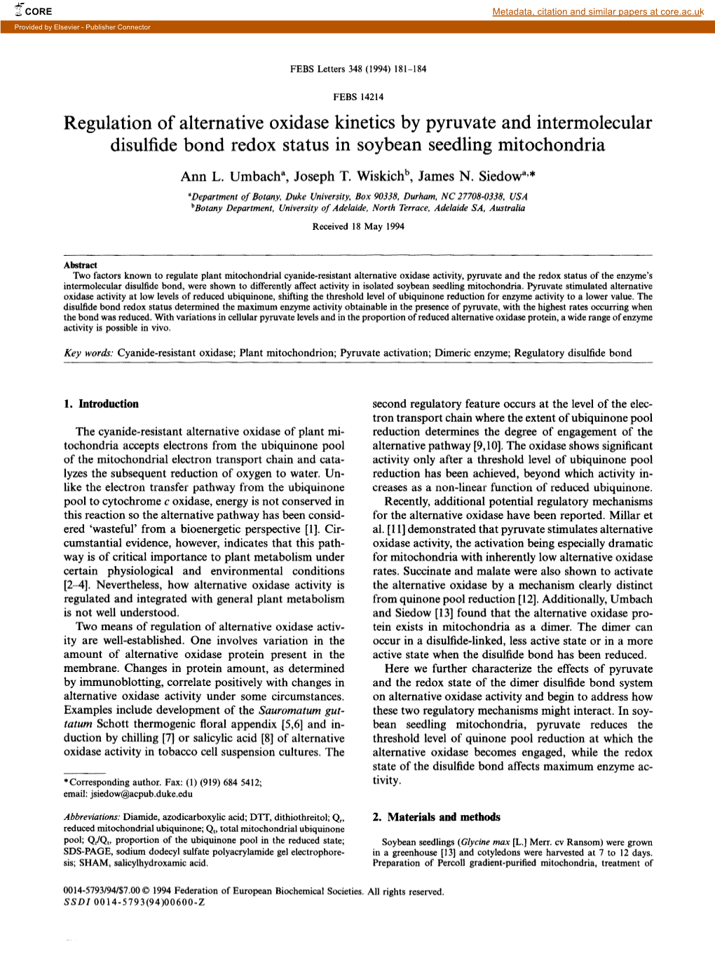 Regulation of Alternative Oxidase Kinetics by Pyruvate and Intermolecular Disulfide Bond Redox Status in Soybean Seedling Mitochondria