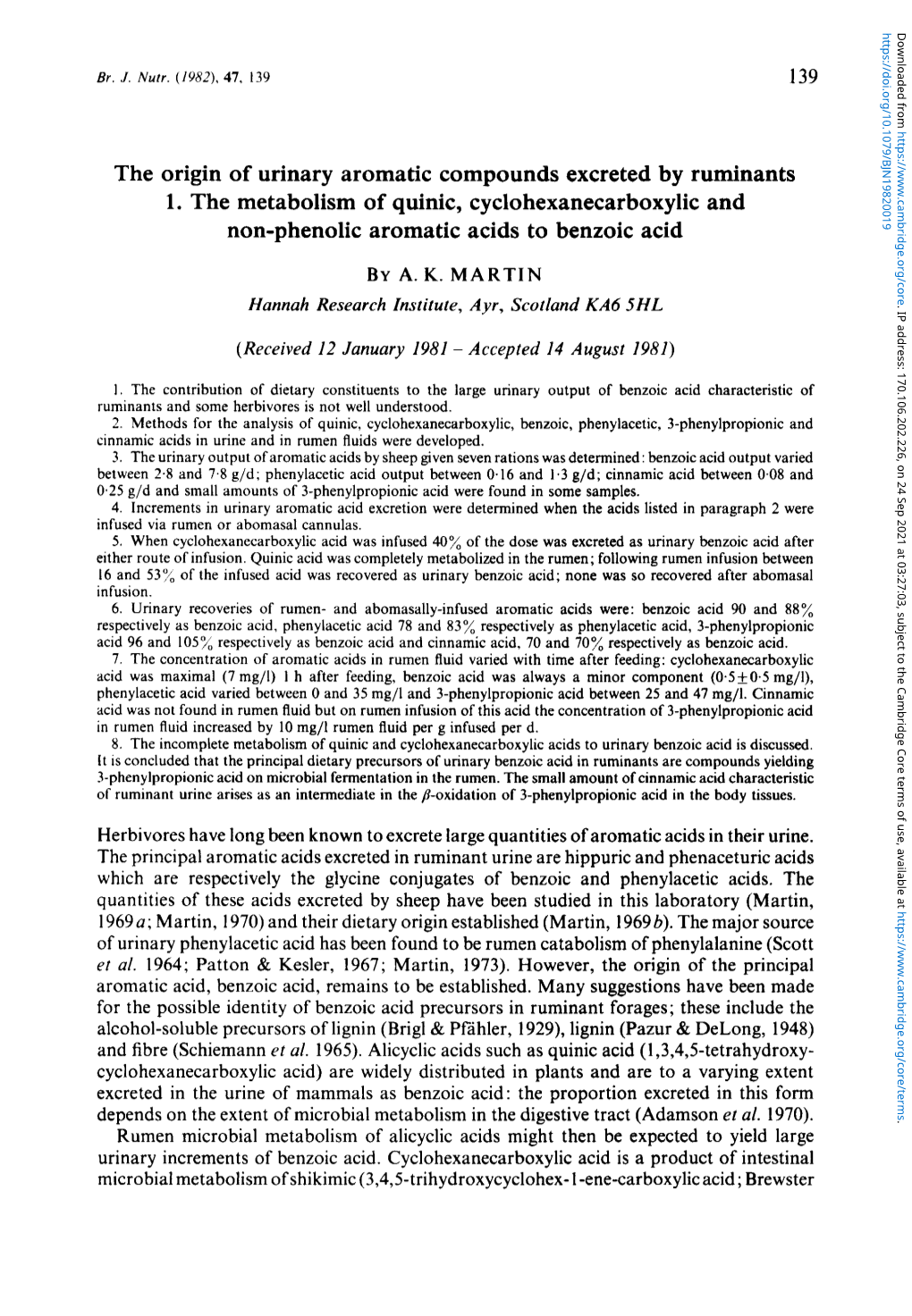 The Origin of Urinary Aromatic Compounds Excreted by Ruminants 1