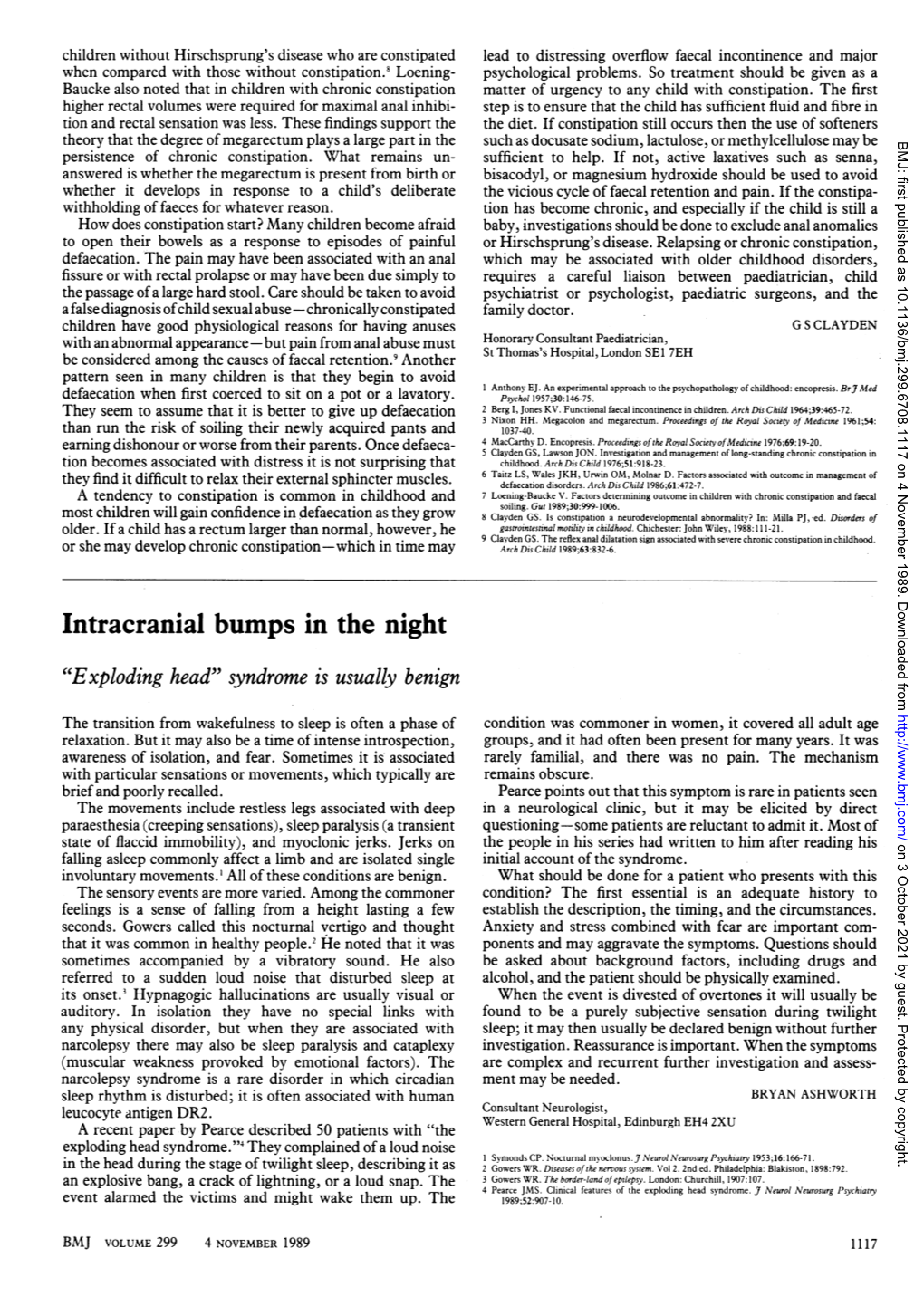 Intracranial Bumps in the Night "Exploding Head" Syndrome Is Usually Benign