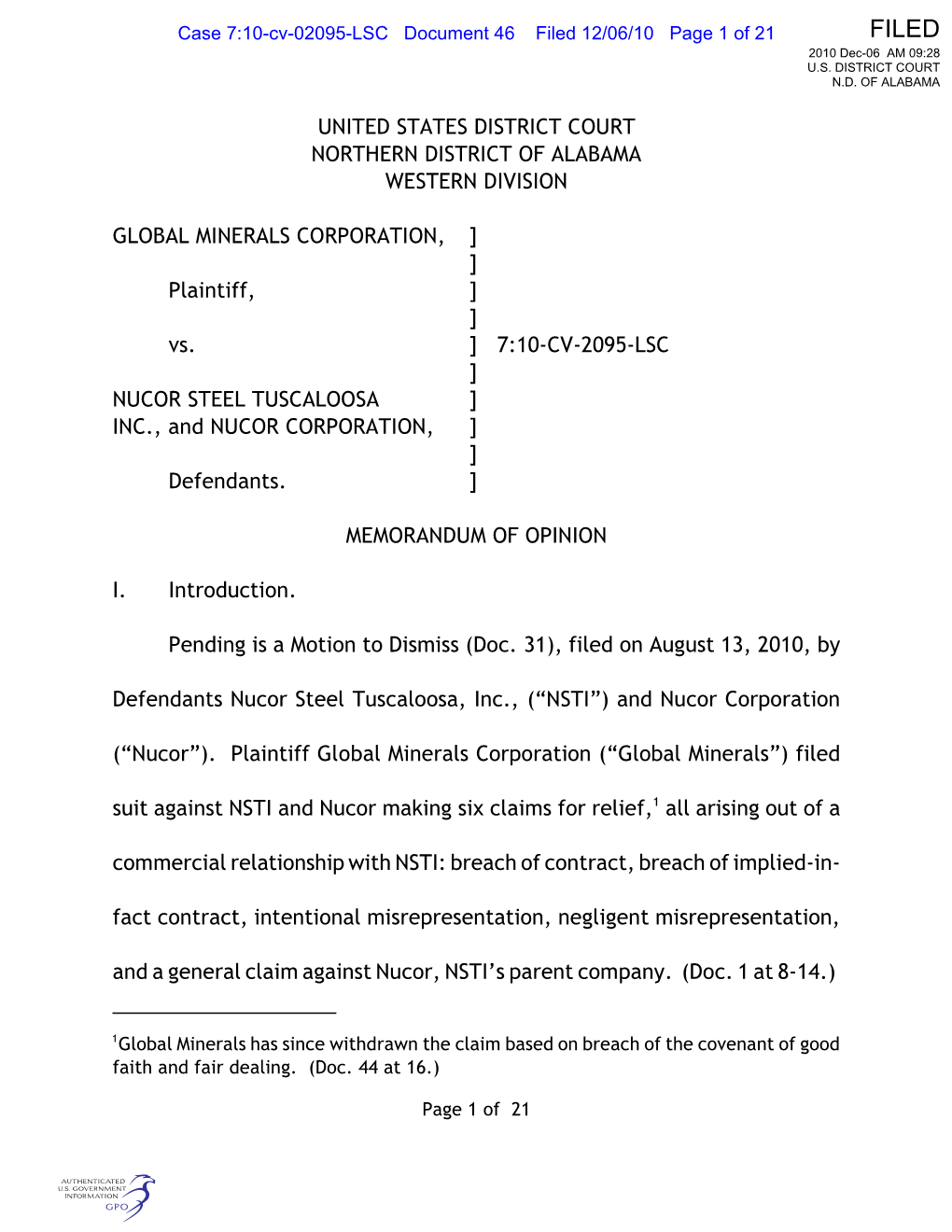 Filed 12/06/10 Page 1 of 21 FILED 2010 Dec-06 AM 09:28 U.S