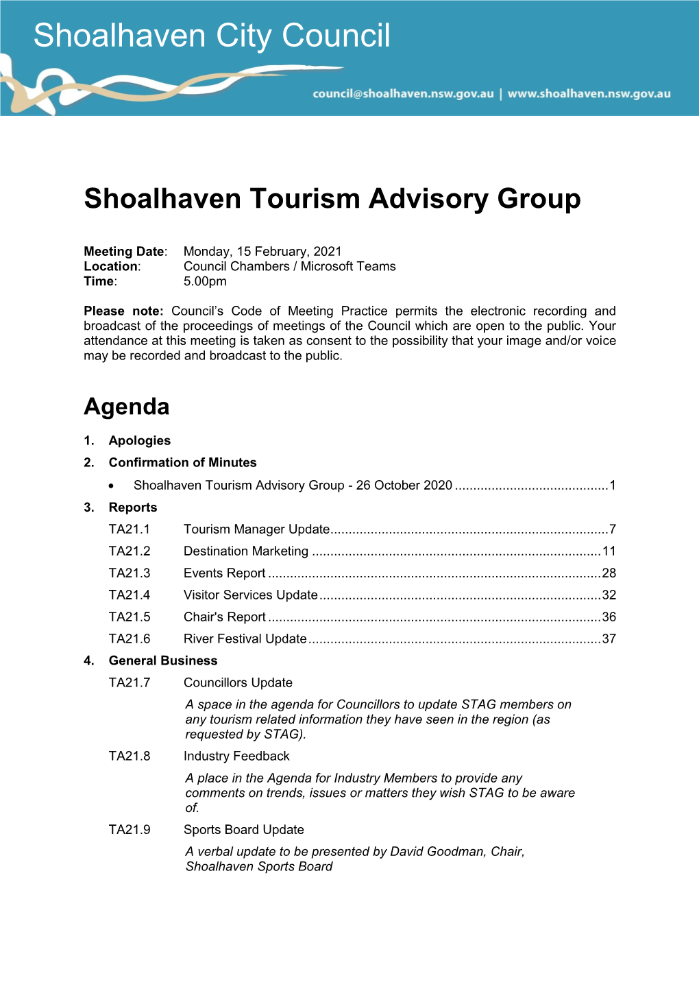 Agenda of Shoalhaven Tourism Advisory Group