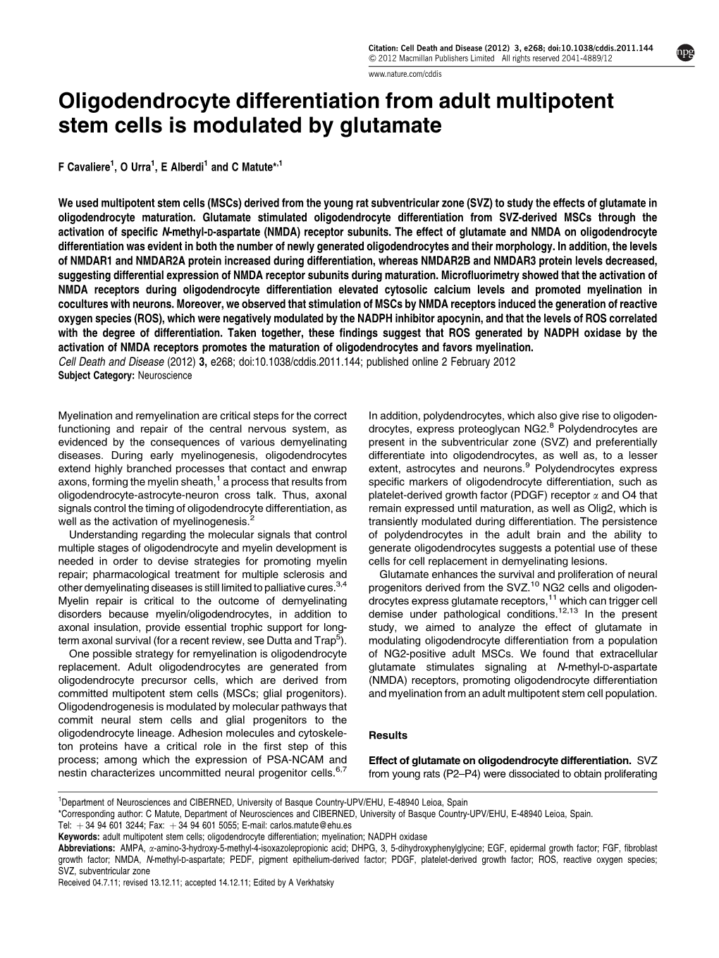 Oligodendrocyte Differentiation from Adult Multipotent Stem Cells Is Modulated by Glutamate