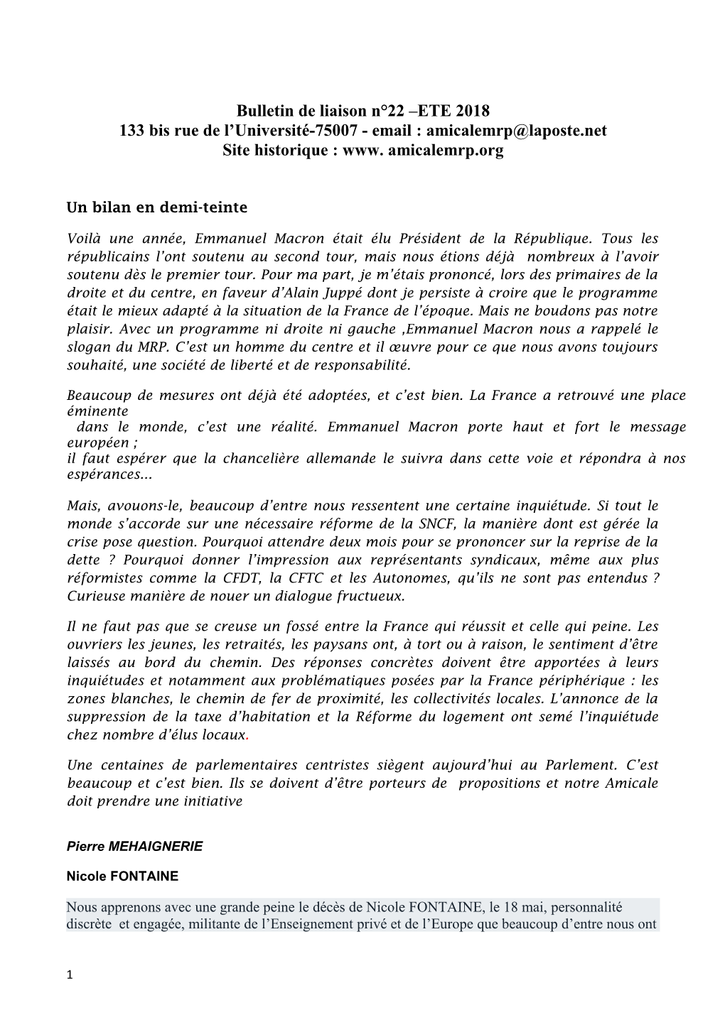 Bulletin De Liaison N°22 –ETE 2018 133 Bis Rue De L'université-75007