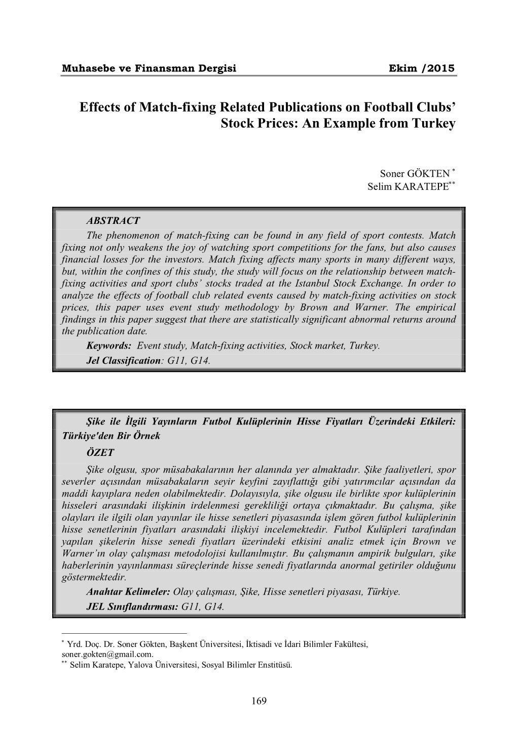 Effects of Match-Fixing Related Publications on Football Clubs’ Stock Prices: an Example from Turkey