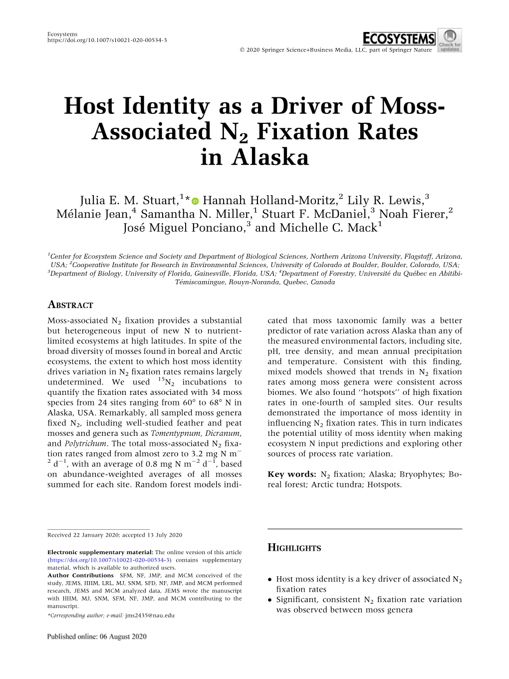 Host Identity As a Driver of Moss-Associated N2 Fixation Rates in Alaska