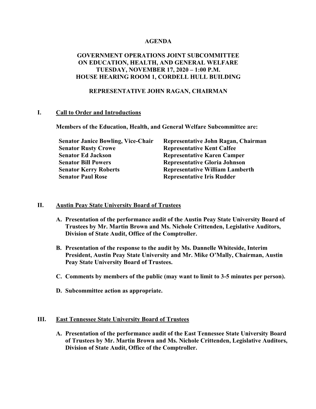 Agenda Government Operations Joint Subcommittee on Education, Health, and General Welfare Tuesday, November 17, 2020