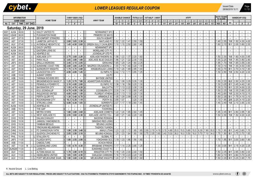 Lower Leagues Regular Coupon 28/06/2019 10:11 1 / 12