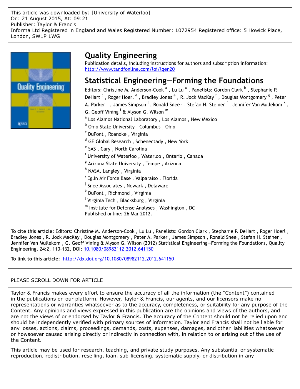 Statistical Engineering—Forming the Foundations Editors: Christine M