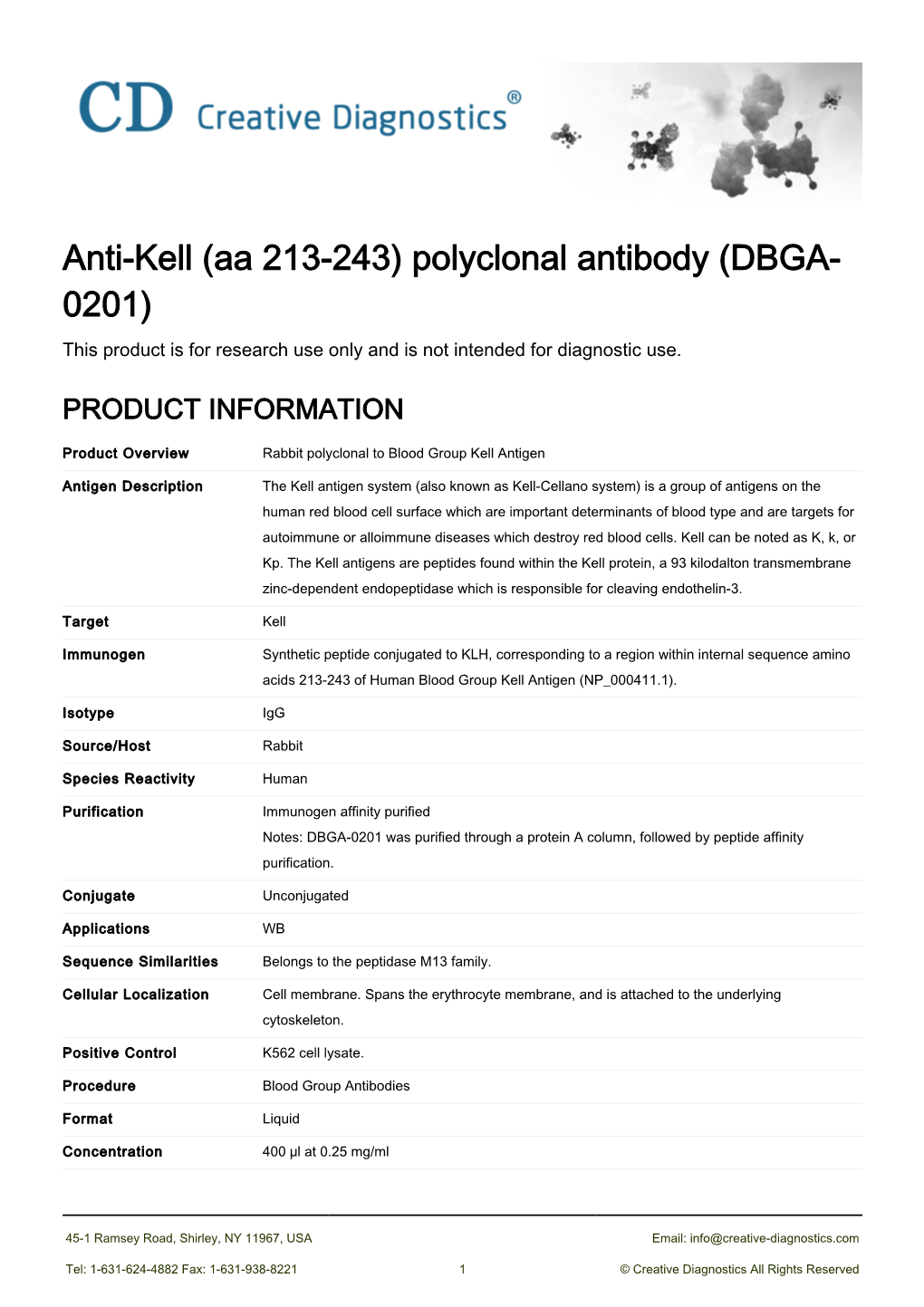 Anti-Kell (Aa 213-243) Polyclonal Antibody (DBGA- 0201) This Product Is for Research Use Only and Is Not Intended for Diagnostic Use