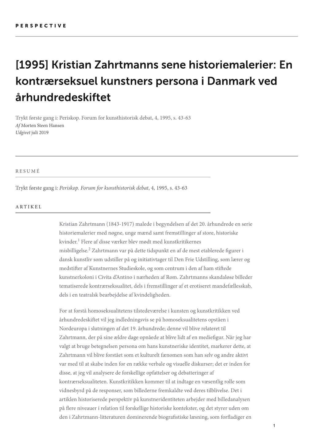 Kristian Zahrtmanns Sene Historiemalerier: En Kontrærseksuel Kunstners Persona I Danmark Ved Århundredeskiftet