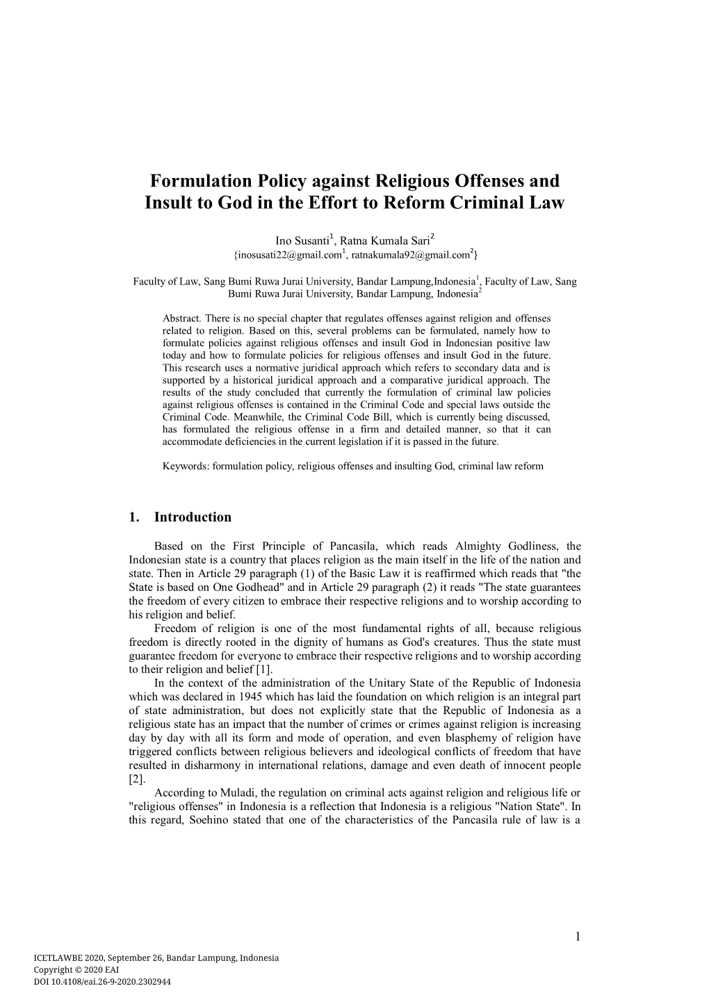 Formulation Policy Against Religious Offenses and Insult to God in the Effort to Reform Criminal Law