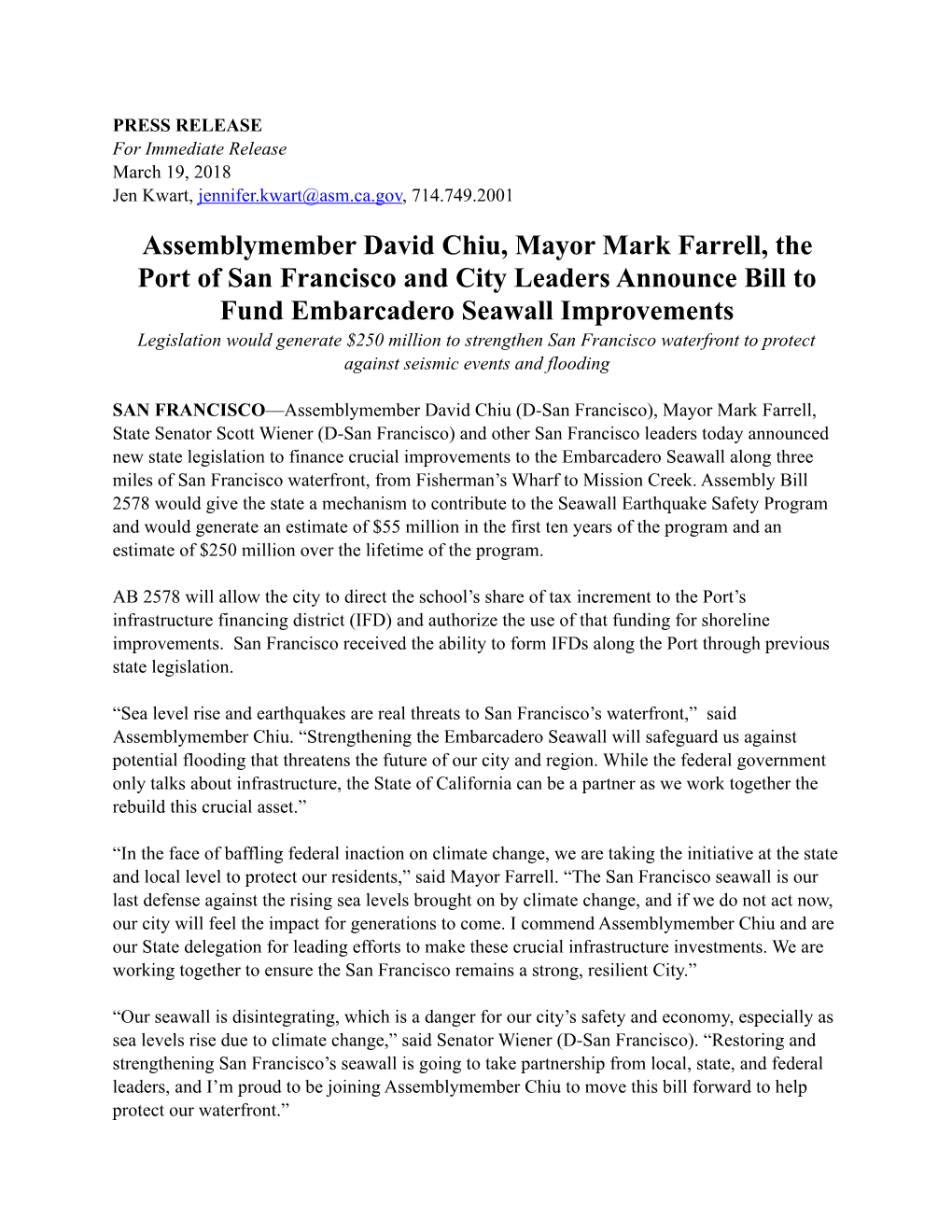 Media Release-Assemblymember David Chiu, Mayor Mark Farrell, The
