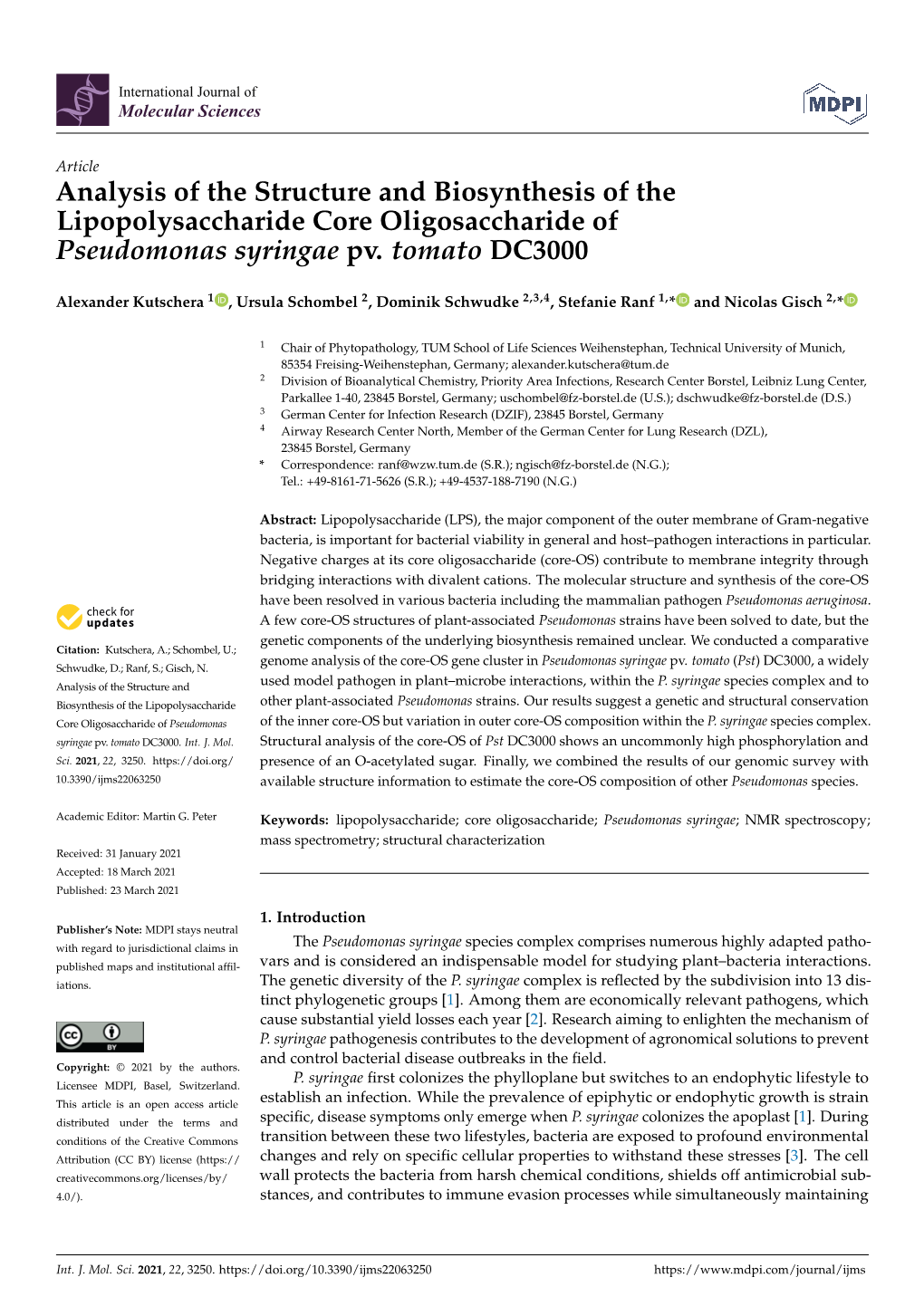 Analysis of the Structure and Biosynthesis of the Lipopolysaccharide Core Oligosaccharide of Pseudomonas Syringae Pv